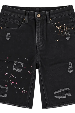 Black Paint Splatter Distressed Denim Jorts