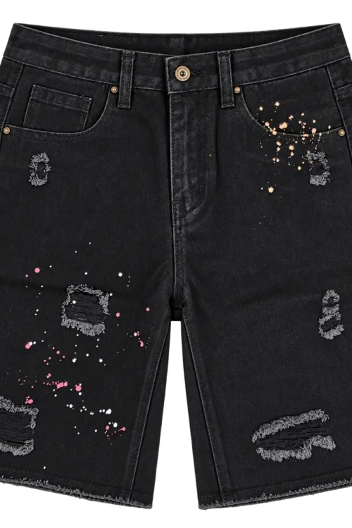 Black Paint Splatter Distressed Denim Jorts